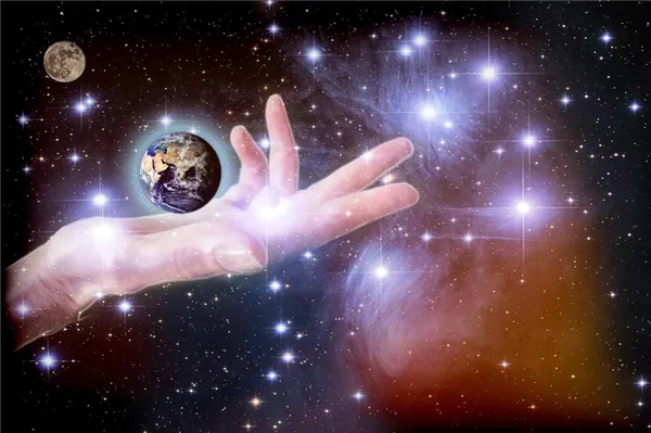 На фоне звезд рука, которая держит Землю (фантазия)