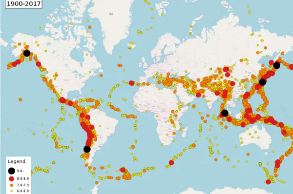 Карта землетрясений на планете с магнитудой выше 6 баллов по шкале Рихтера с 1900 по 2017 г. 