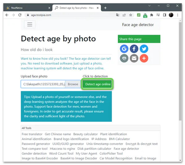 Запуск обработки для определения возраста по фотографии через онлайн-сервис Age.ToolPie