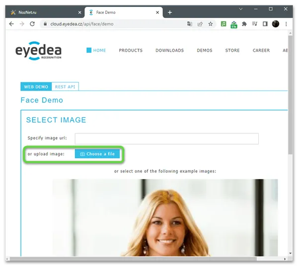 Загрузка файла для определения возраста по фотографии через онлайн-сервис EyeFace