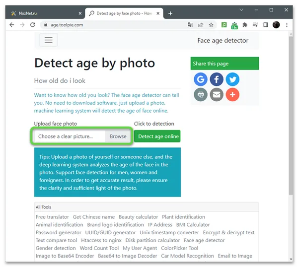 Переход к выбору файла для определения возраста по фотографии через онлайн-сервис Age.ToolPie