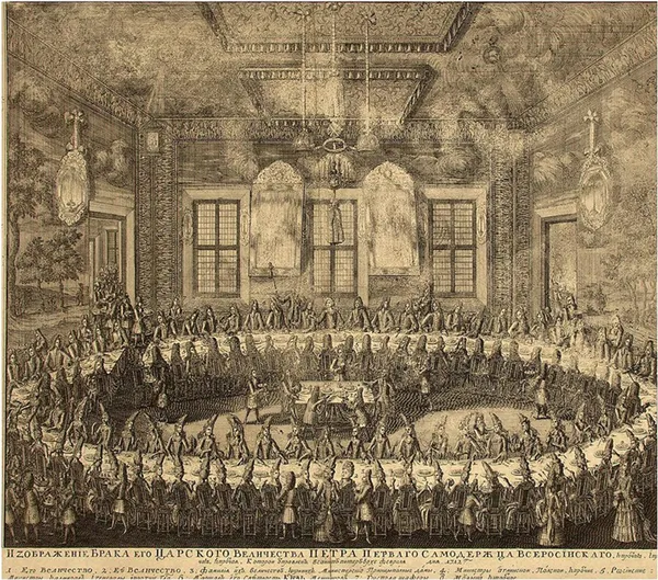 Свадьба Петра I и Катерины Алексеевны в 1712 году. Гравюра А. Ф. Зубова, 1712