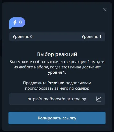 Премиум-реакции доступны для Телеграм-каналов уровня 1 и выше.